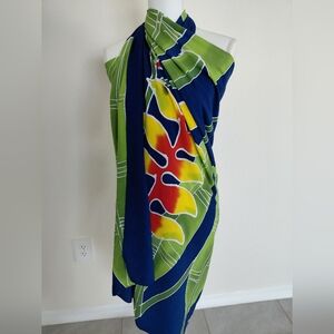 Tropical Floral Pareo Sarong Wrap | Blue Green Yellow Beach Cover-Up | Hawaiian